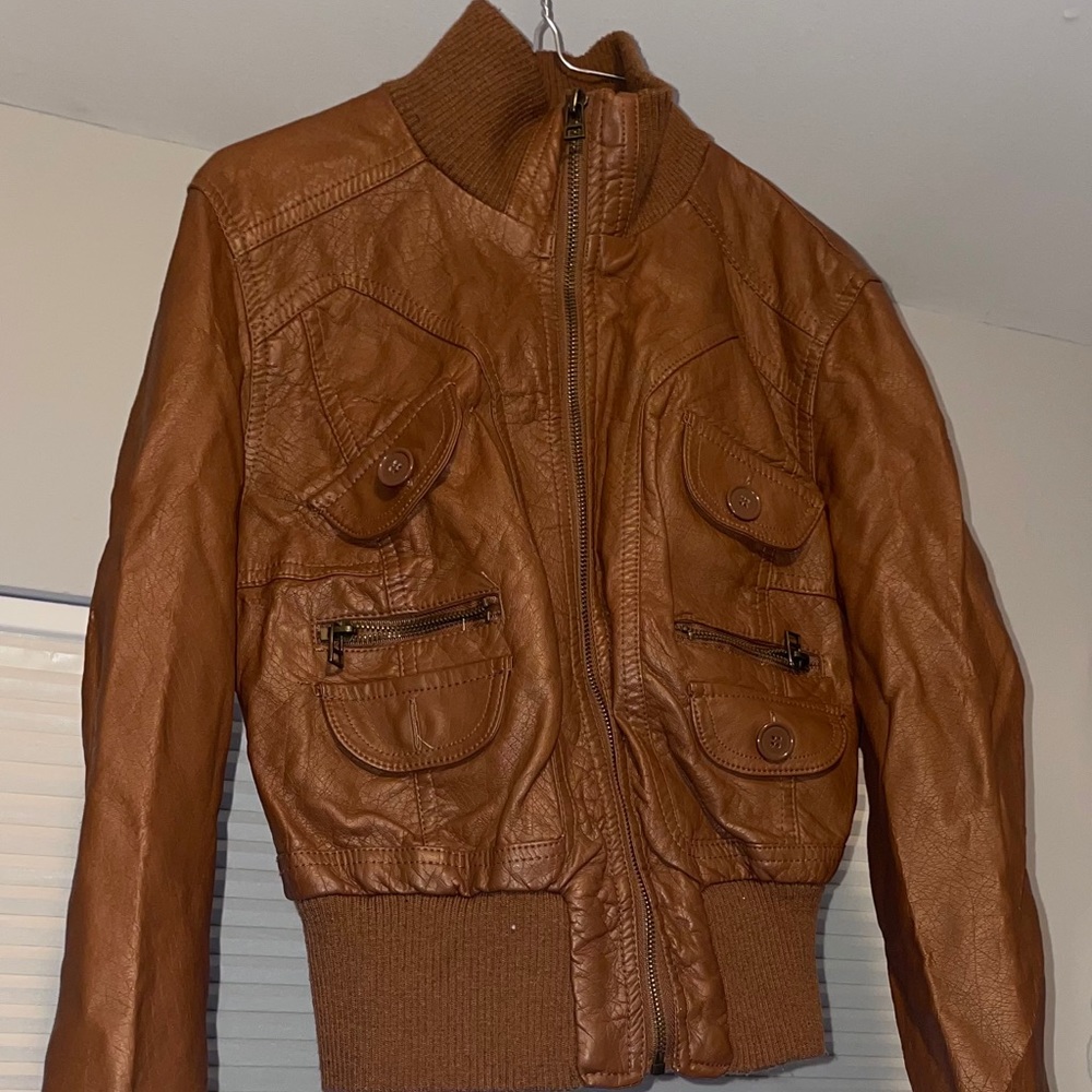 Brown faux leather jacket & scarf.